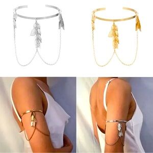 New Set of 2 Gold Silver Boho Chic Leaf Design Dangle Arm Cuff Bracelet Jewelry